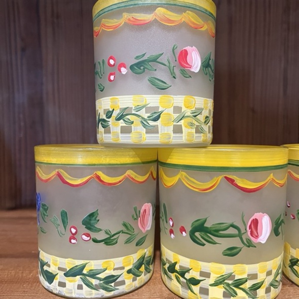 Set of Six Frosted Glass Tumblers: Handpainted Rose Vine 80s Design Perfect